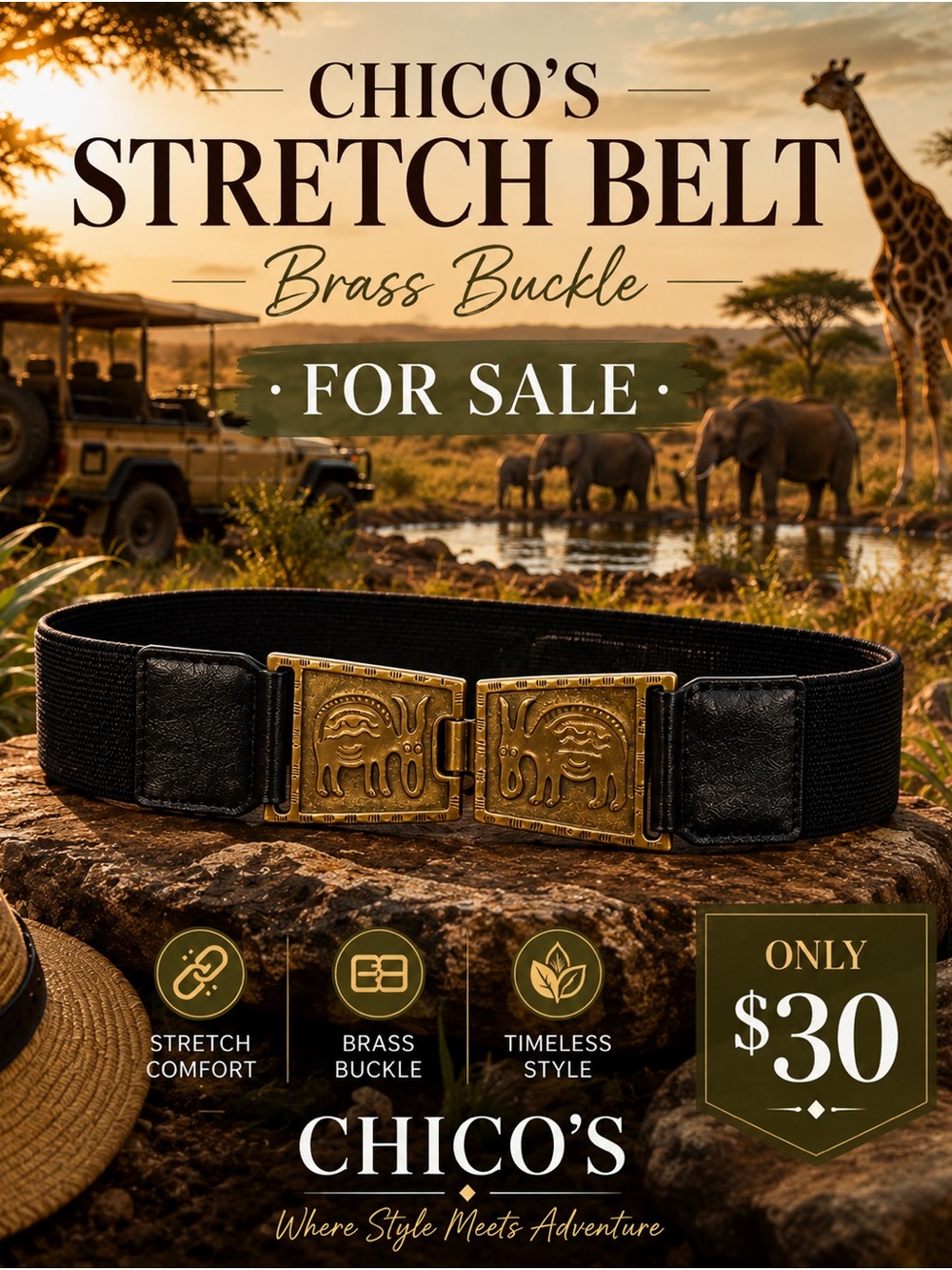 Chico's Men's Black Stretch Belt with Brass Buckle